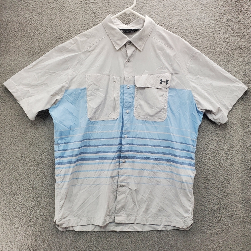 Under Armour UA Fishing Shirt Mens XL Fish Hunter Short Sleeve Gray Blue